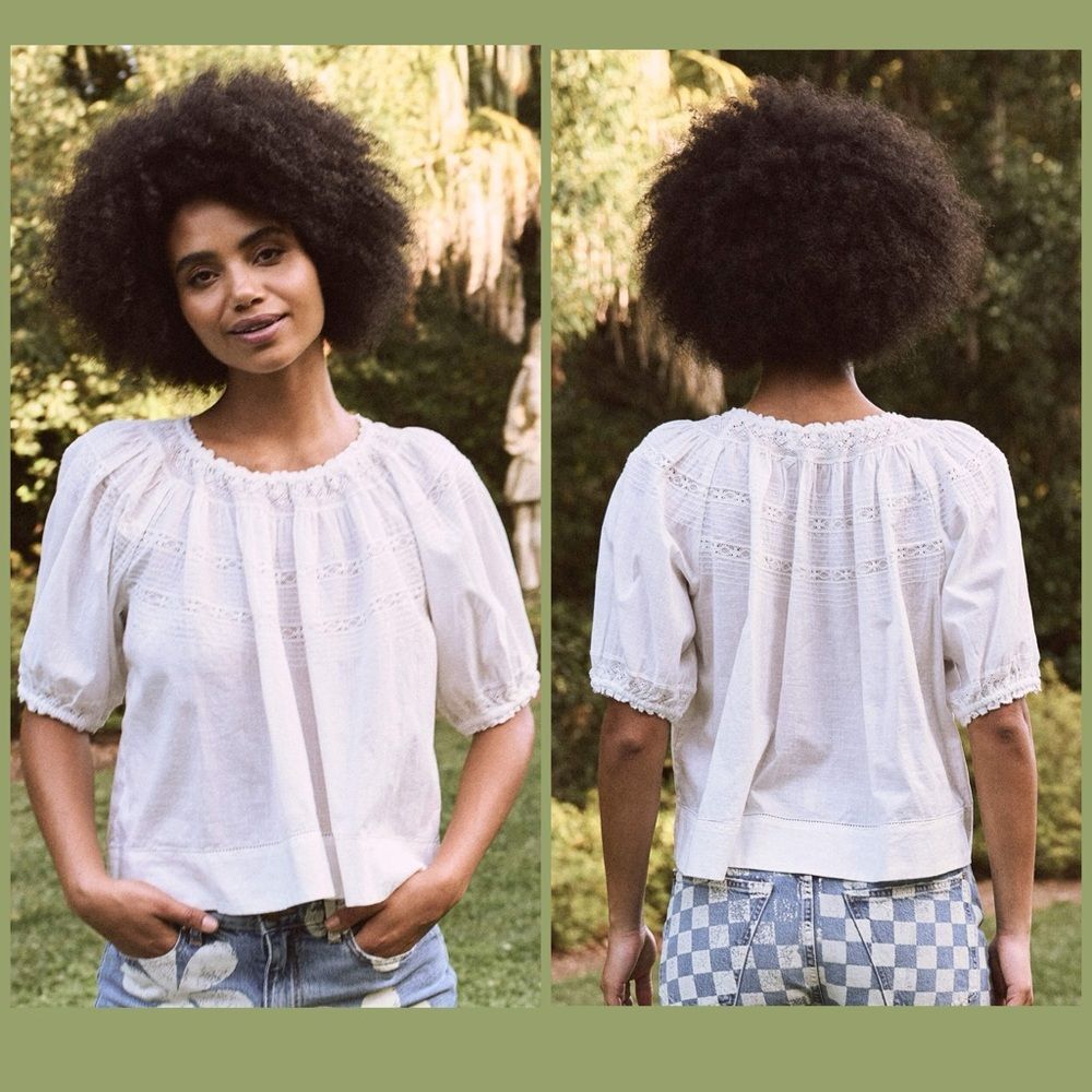 THE GREAT. White Eyelet Peasant Blouse